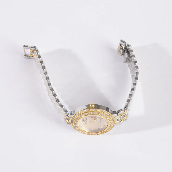 Two Tone Dual Stone Womens Chain Wrist Watch Golden