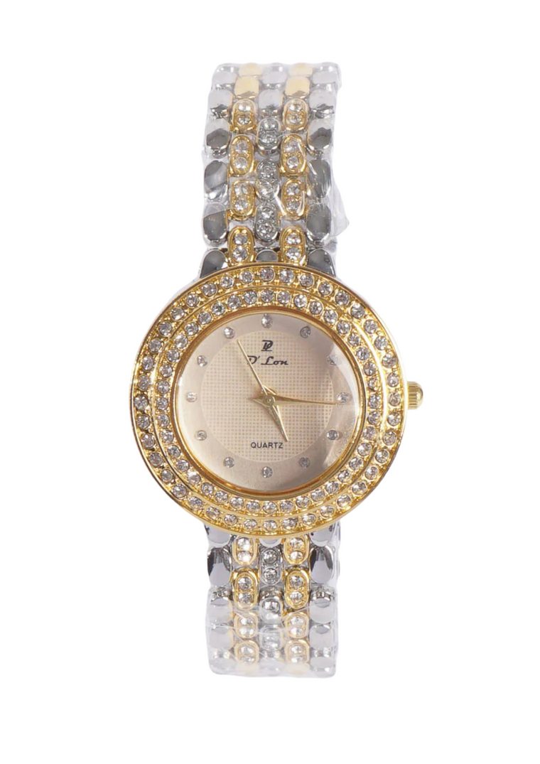 Two Tone Dual Stone Womens Chain Wrist Watch Golden